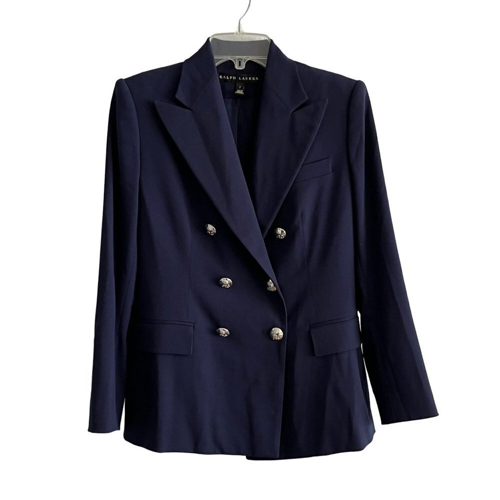 Ralph Lauren Black Label Double Breasted Blazer Navy Wool Blend Silver Buttons 2